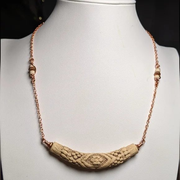 Vintage Embossed Ceramic Bar Necklace Artisan Crafted Jewelry Pure Copper Chain - Picture 16 of 16